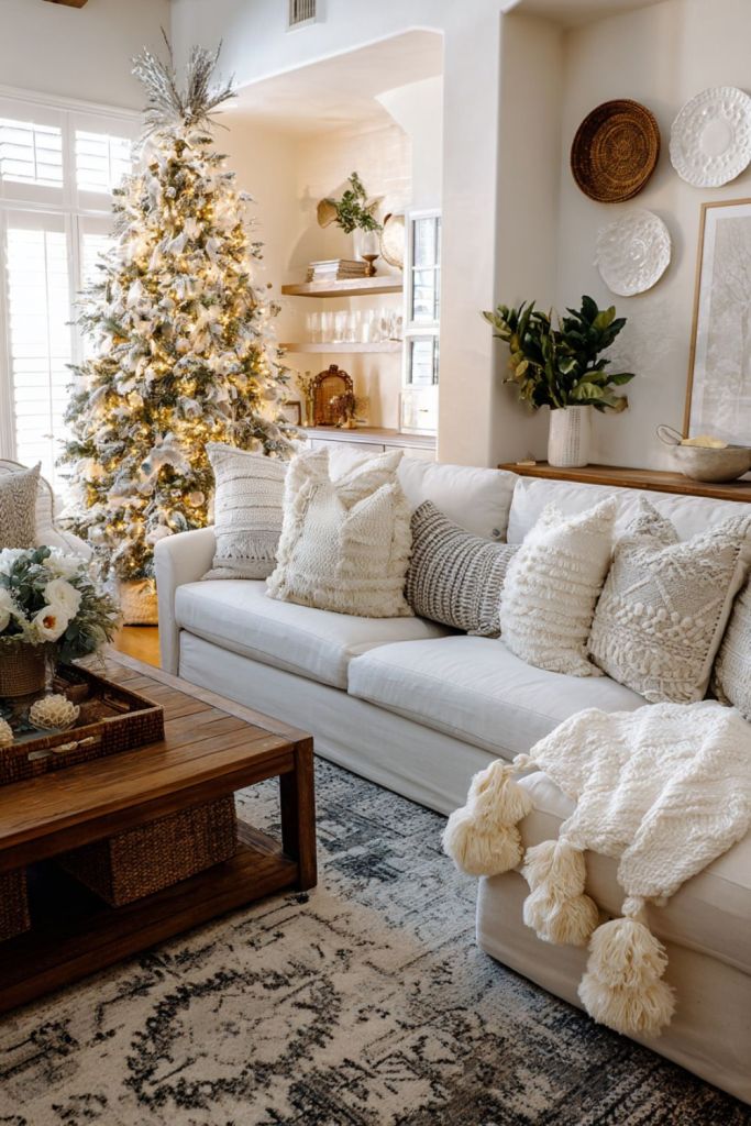 White Christmas living room with flocked tree, cozy textured pillows, wooden coffee table, and layered neutral decor for a calm and elegant look.