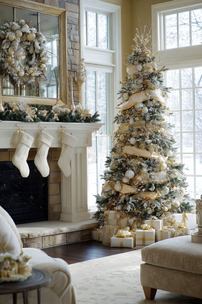 Elegant gold and white Christmas living room with decorated tree, golden ribbons, knit stockings, and a festive mantel garland.