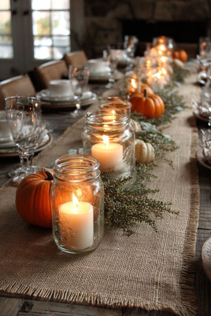 a rustic, autumn-themed table with a burlap runner, glass jars holding lit white candles, small pumpkins, and greenery-thanksgiving table decor-loves from bet