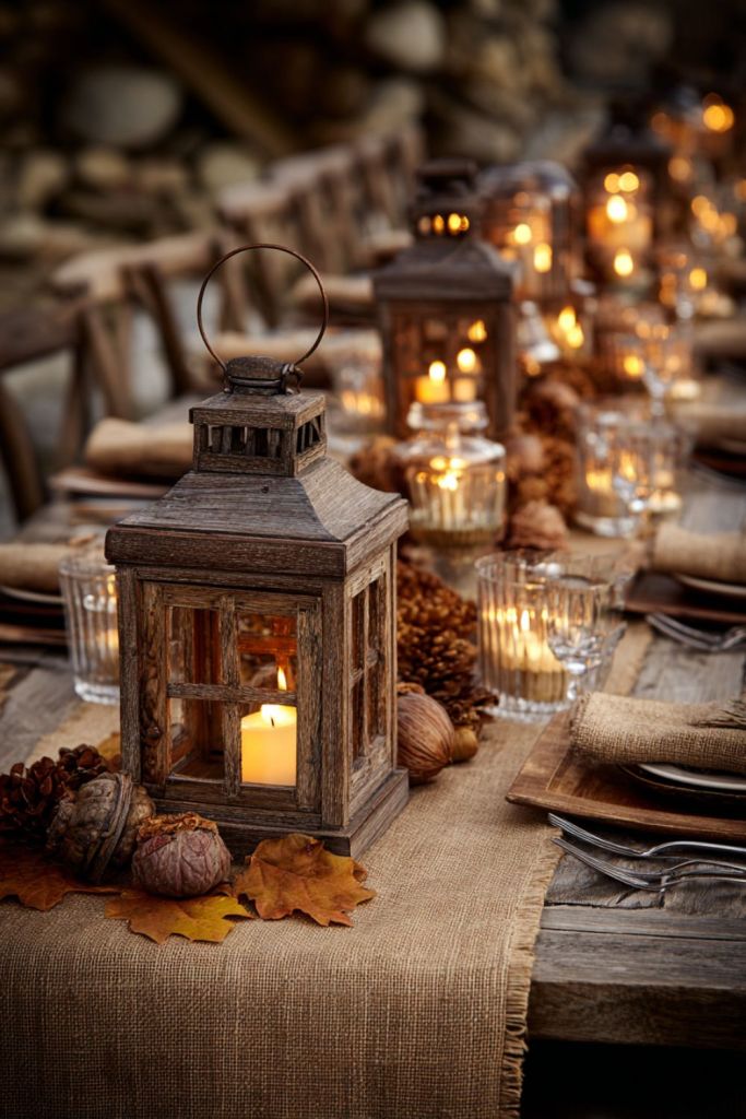 a rustic, autumn-themed table with wooden lanterns, candles, pinecones, acorns, and glassware on a burlap runner. Warm, cozy ambiance-thanksgiving table decor-loves from bet