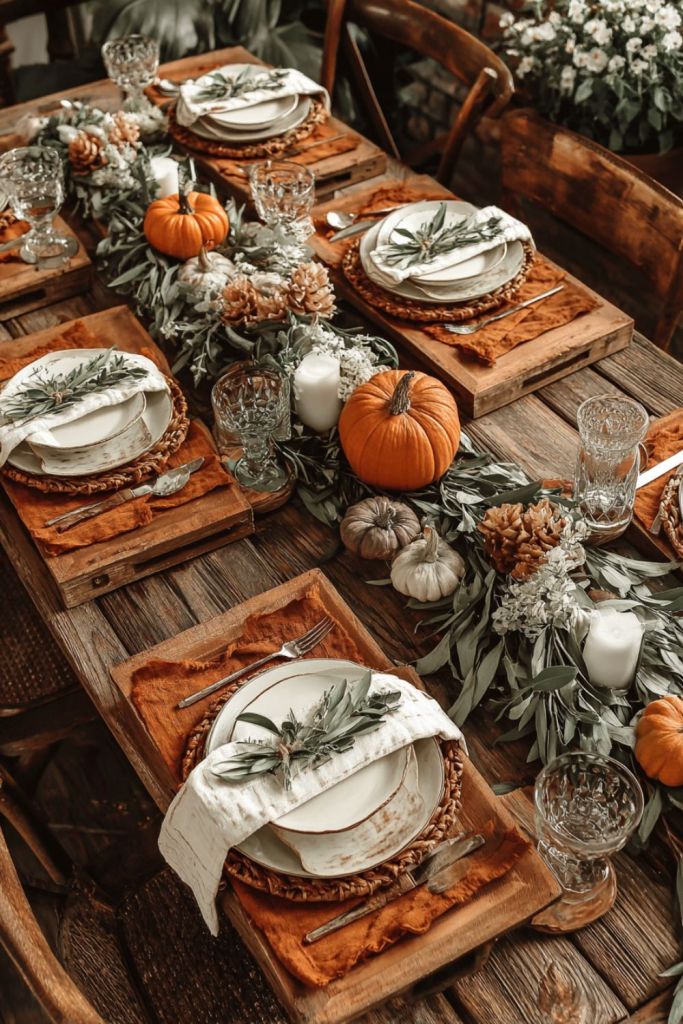 rustic, autumn-themed dining table with wooden planks, white plates, green leaf accents, orange pumpkins, pinecones, and candles-thanksgiving table decor-loves from bet