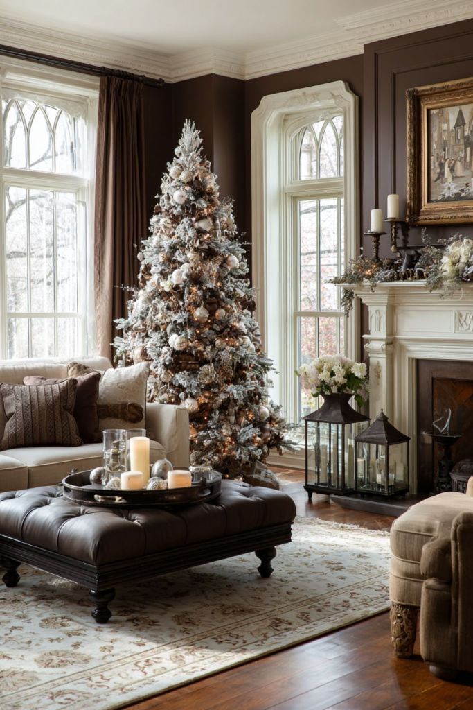 Neutral Christmas living room with a flocked tree decorated in metallic ornaments, dark brown walls, cream sofa, tufted leather ottoman, and candles on a tray.