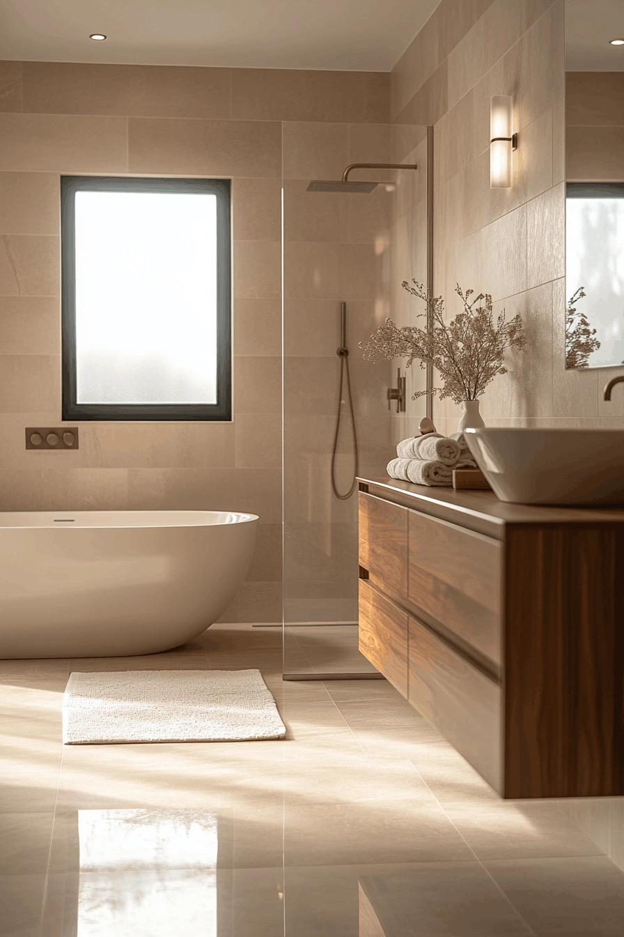 Organic modern bathroom mood board wood vanity tub shower